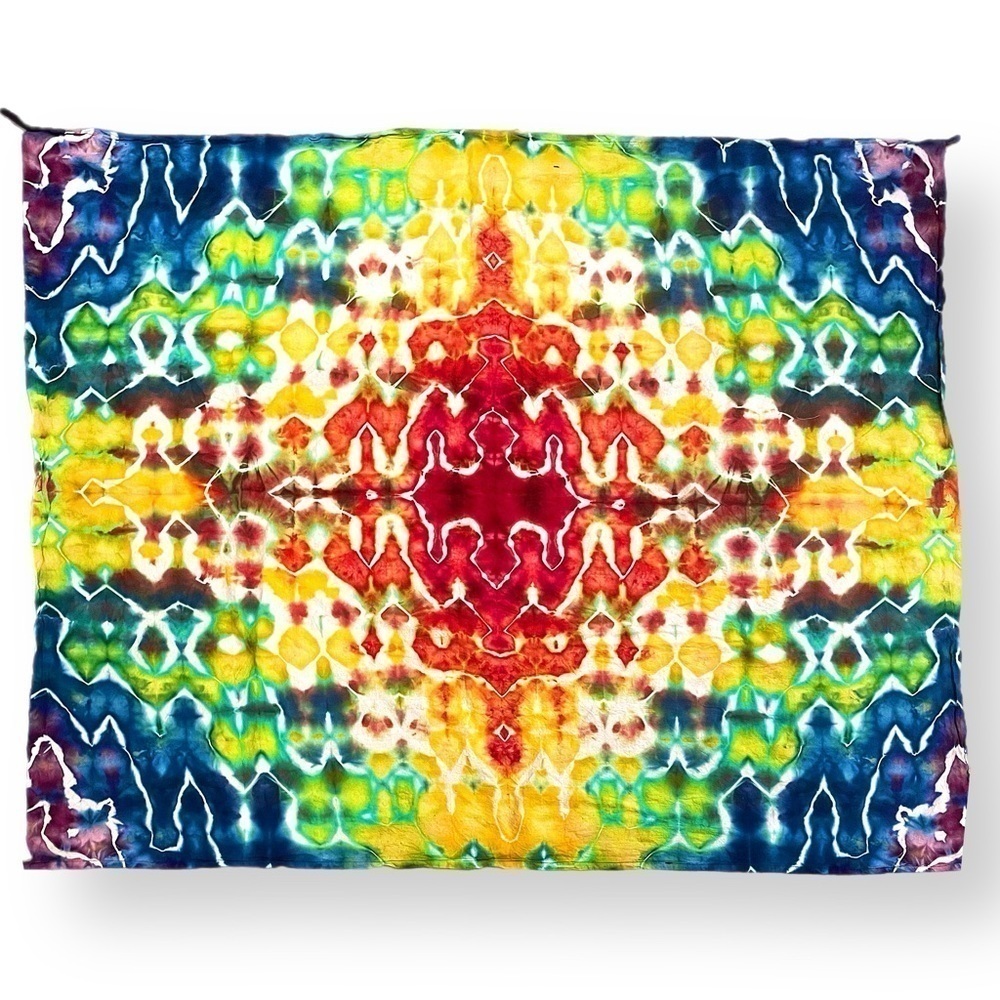 Hand tie dyed giant wall hanging tapestry in a 51x46" psychedelic rainbow glitch
